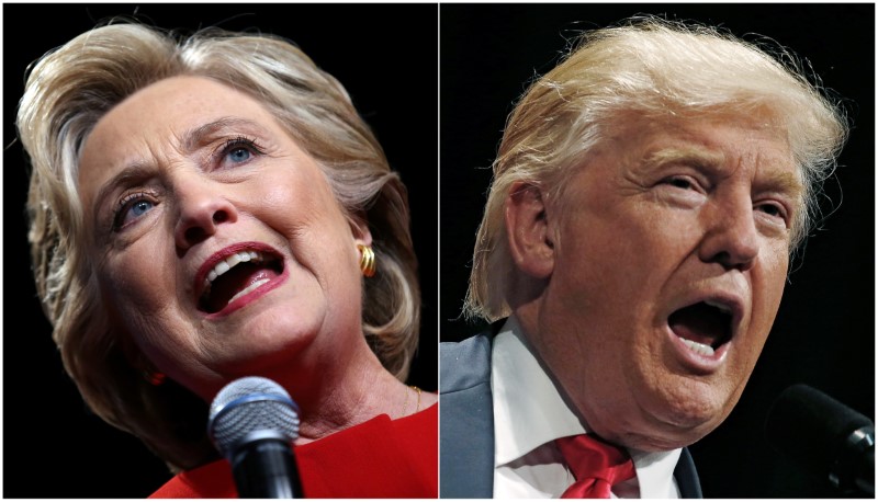 © Reuters. U.S. presidential candidates Hillary Clinton and Donald Trump   speak at campaign rallies in a combination of file photos