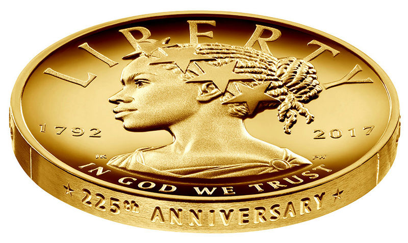 © Reuters. Handout photo of the new $100 gold coin featuring an African-American woman as the face of Lady Liberty for the first time in the history of U.S. currency is shown in this photo in Washington, D.C.