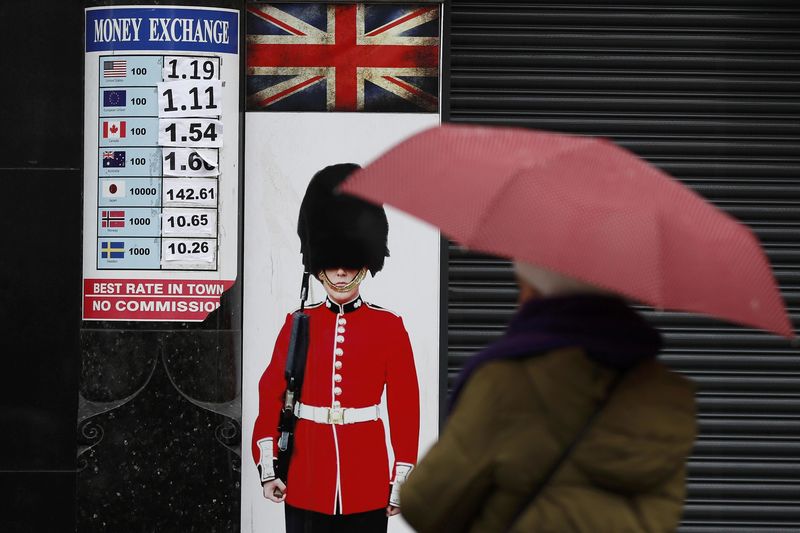 © Reuters. A pedestrian shelters under an umbrella as she walks past a money exchange sign in central London