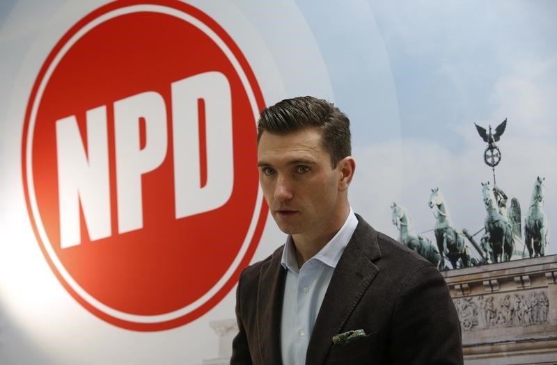 © Reuters. Far-right NPD party leader Franz introduces state election campaing poster in Berlin