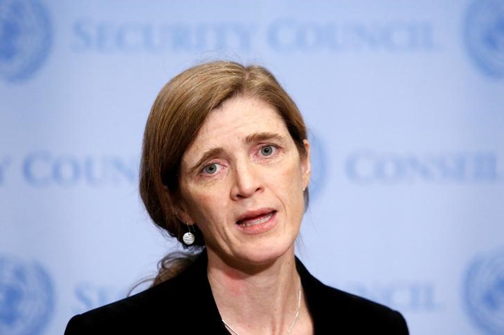 © Reuters. Embaixadora dos EUA na ONU, Samantha Power, fala com a imprensa em Nova York