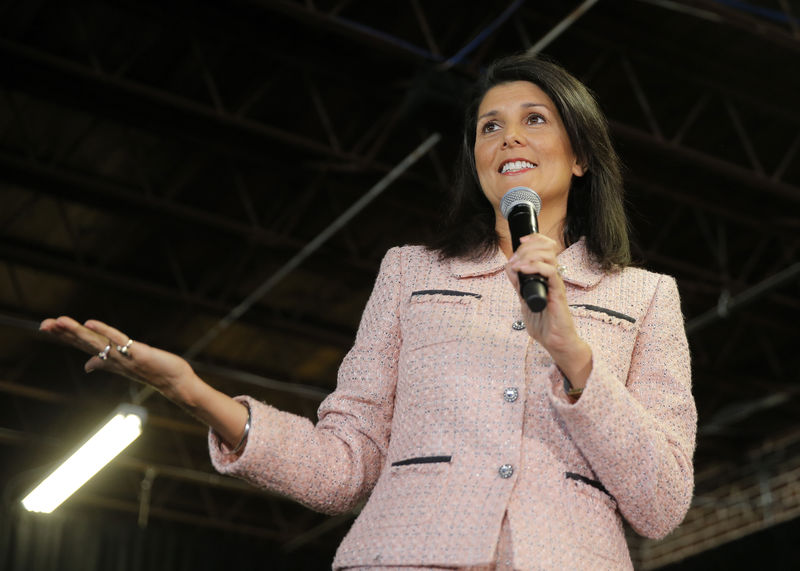 © Reuters. South Carolina Governor Nikki Haley speaks during a campaign event for U.S. Republican presidential candidate Marco Rubio at Swamp Rabbit Crossfit in Greenville