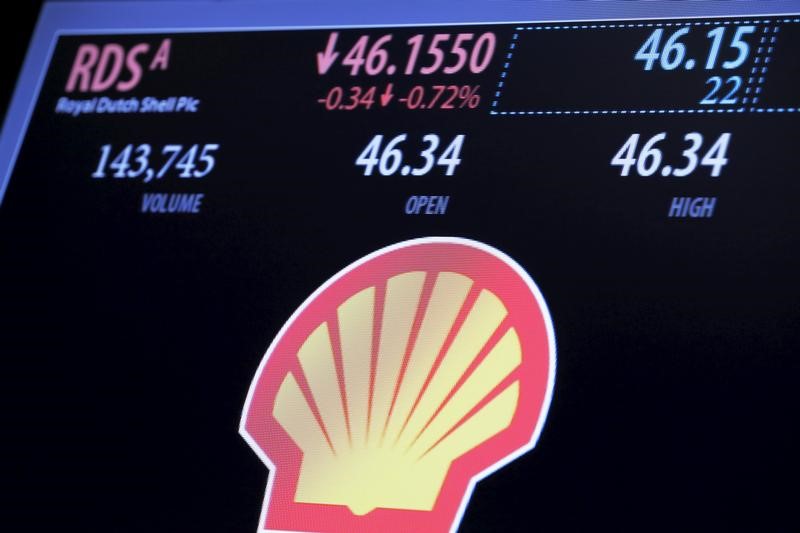 © Reuters. The logo of Royal Dutch Shell plc is shown on a monitor above the floor of the New York Stock Exchange in New York