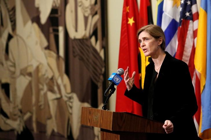 © Reuters. United States Ambassador to the United Nations Power addresses media following a United Nations Security Council vote, aimed at ensuring that U.N. officials can monitor evacuations from besieged parts of Aleppo, at the United Nations in New York City