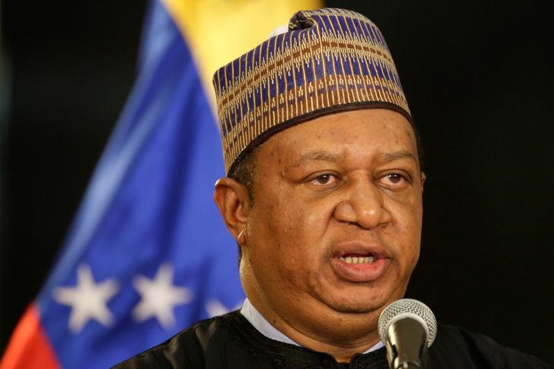 © Reuters. OPEC Secretary General Mohammed Barkindo talks to the media after his meeting with Venezuela's President Nicolas Maduro at Miraflores Palace in Caracas