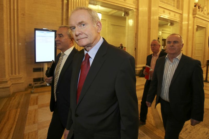 © Reuters. Northern Ireland former Deputy First Minister Martin McGuinness leaves Assembly at Parliament Buildings in Stormont in Belfast