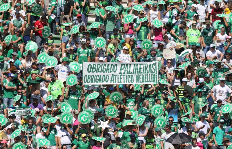 © Reuters. Hinchas del equipo de fútbol Chapecoense de Brasil se acomodan antes de un partido entre el Chapecoense y el Palmeiras. La pancarta dice: "Gracias Palmeiras y Atlético de Medellín!"