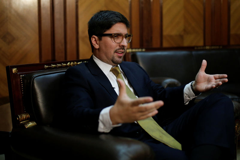 © Reuters. Freddy Guevara, first vice president of the National Assembly and deputy of the opposition party Popular Will, speaks during an interview with Reuters in Caracas