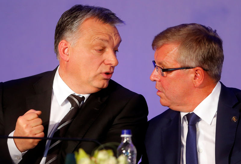 © Reuters. Governor of Hungarian National Bank Matolcsy talks with Hungarian Prime Minister  Orban during a Lamfalussy Lectures Conference in Budapest