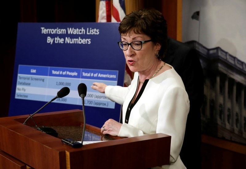 © Reuters. Senator Susan Collins (R-ME) speaks at a news conference with a bipartisan group of senators on Capitol Hill in Washington, D.C., U.S., to unveil a compromise proposal on gun control measures