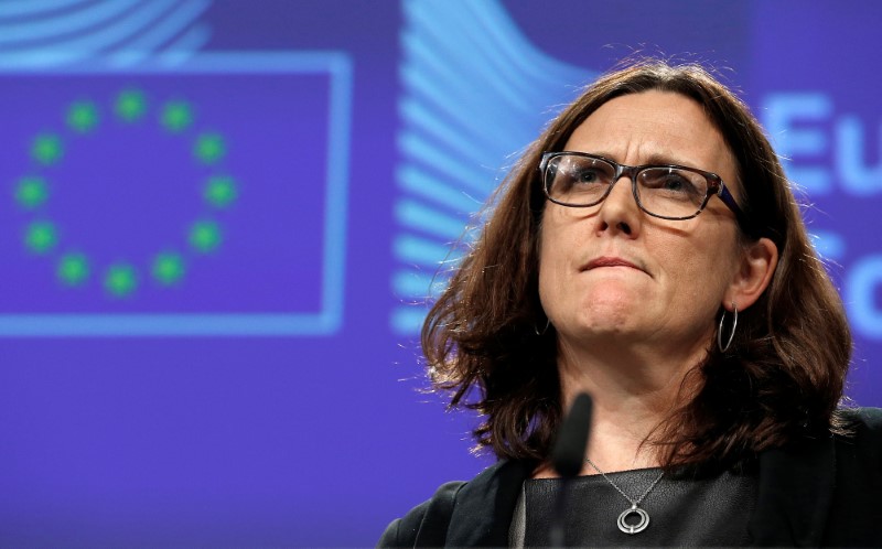 © Reuters. European Trade Commissioner Cecilia Malmstrom holds a news conference at the EU Commission headquarters in Brussels