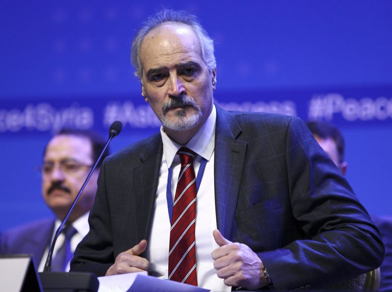 © Reuters. Head of Syrian President al-Assad delegation al-Jaafari attends news conference following Syria peace talks in Astana