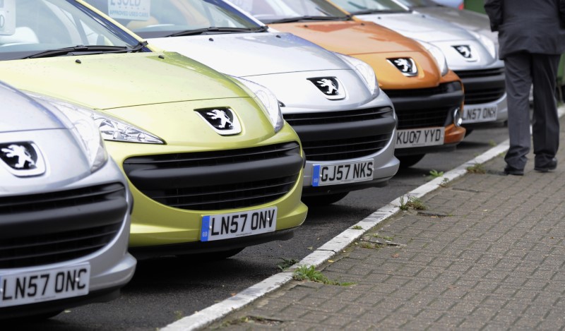 © Reuters. File photo of a man passing cars on a showroom forecourt in west London