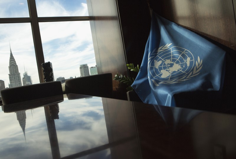 © Reuters. United Nations flag is seen in boardroom in Secretariat building during U.N. General Assembly at U.N. Headquarters in New York