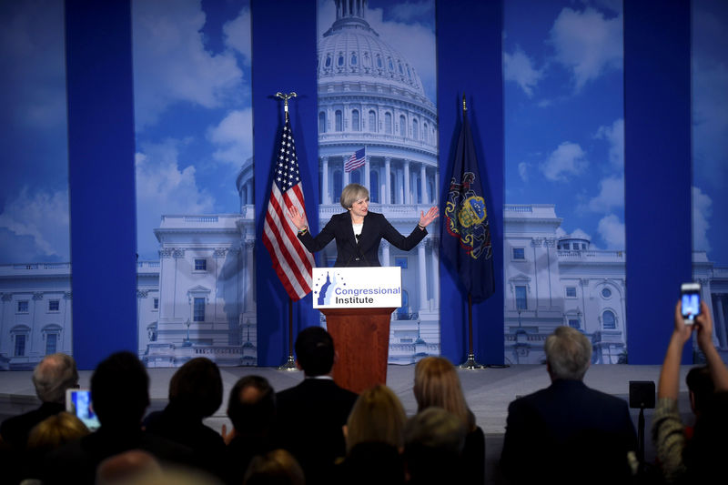 © Reuters. Britain's Prime Minister Theresa May takes the stage to speak during the 2017 "Congress of Tomorrow" Joint Republican Issues Conference in Philadelphia, Pennsylvania, U.S.