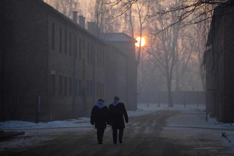 © Reuters. Survivors walk in the former Nazi German concentration and extermination camp Auschwitz-Birkenau in Oswiecim