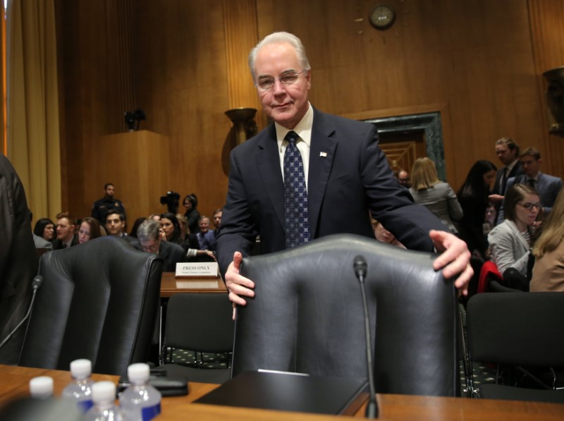 © Reuters. U.S. Rep. Price arrives to testify before a Senate Finance Committee confirmation hearing on Capitol Hill in Washington