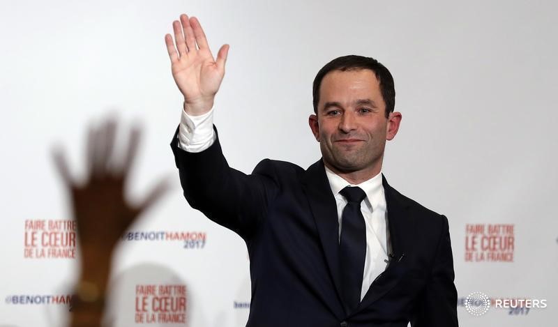 © Reuters. Candidato presidencial do Partido Socalista da França, Benoit Hamon, durante evento em Paris