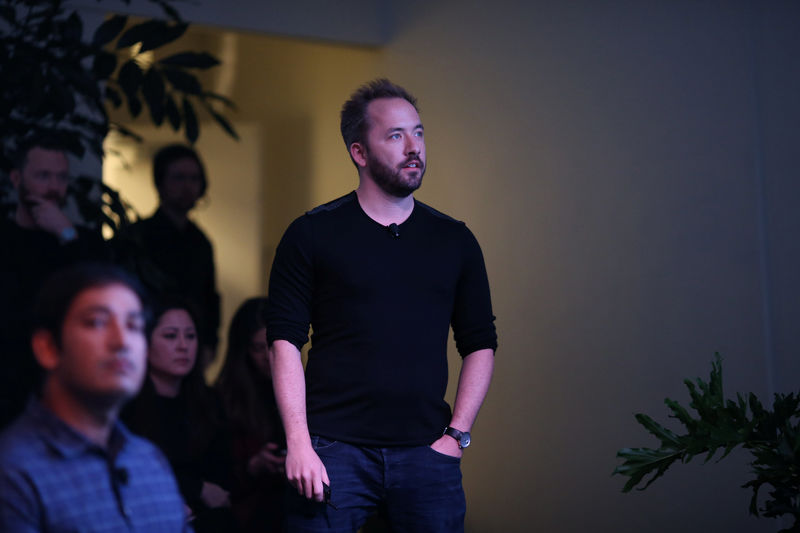 © Reuters. Drew Houston, Chief Executive Officer and founder of Dropbox, waits to take the stage at an announcement event in San Francisco