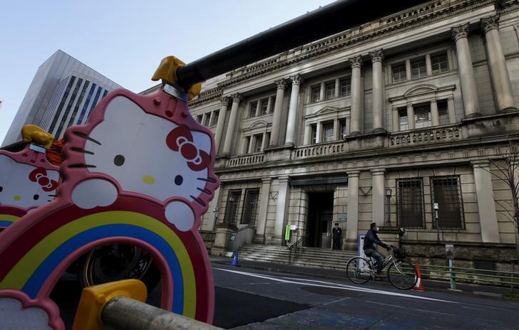 © Reuters. Ограждения с персонажем Hello Kitty у здания Банка Японии в Токио