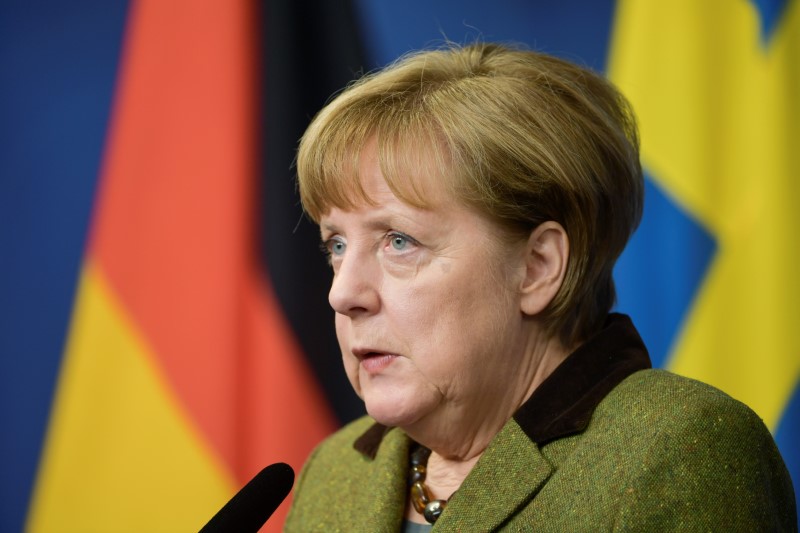 © Reuters. German Chancellor Angela Merkel on a one-day official visit to Sweden