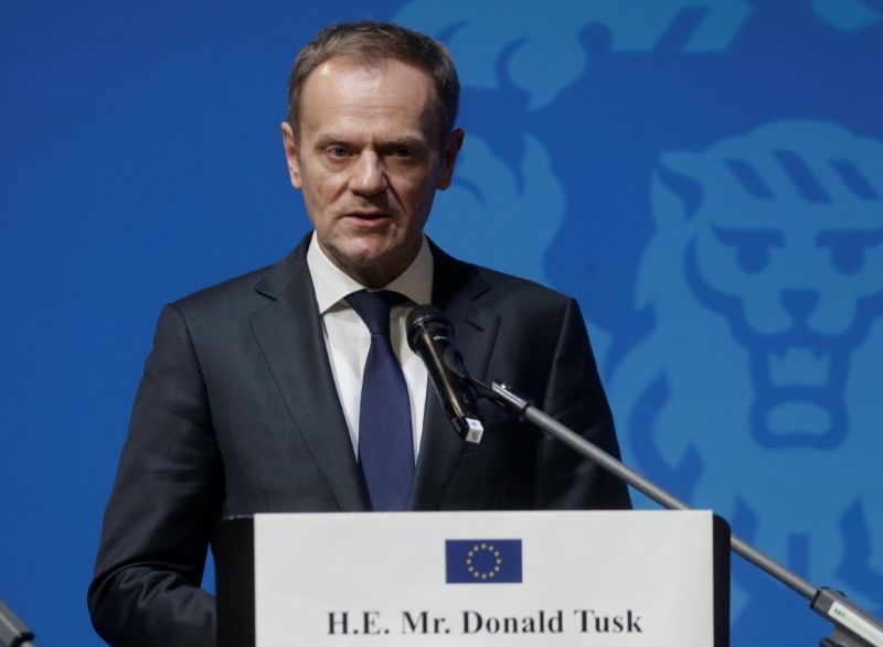 © Reuters. President of the European Council Tusk speaks during a news conference in Tallinn