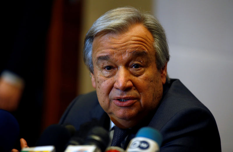 © Reuters. U.N. Secretary-General Antonio Guterres addresses a news conference on the sides of the 28th Ordinary Session of the Assembly of the Heads of State and the Government of the African Union in Ethiopia's capital Addis Ababa