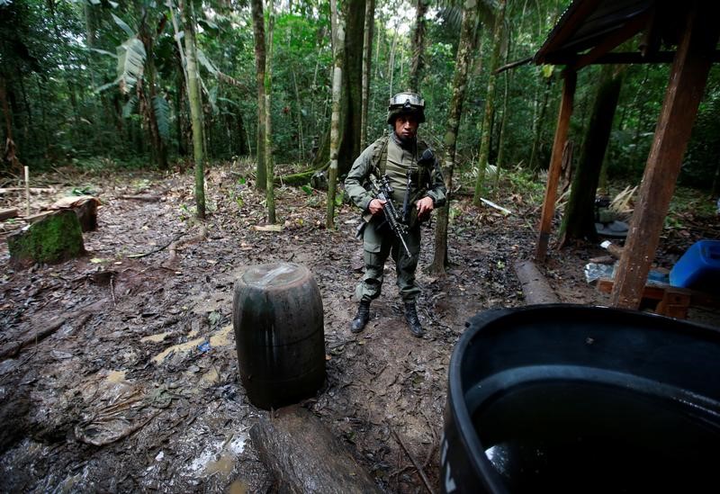 © Reuters. A Colombian anti-narcotics policeman guard a cocaine lab, which, according to the police, belongs to criminal gangs in rural area of Calamar in Guaviare state, Colombia