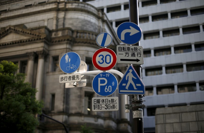 © Reuters. Traffic signs are seen in front of BOJ building in Tokyo