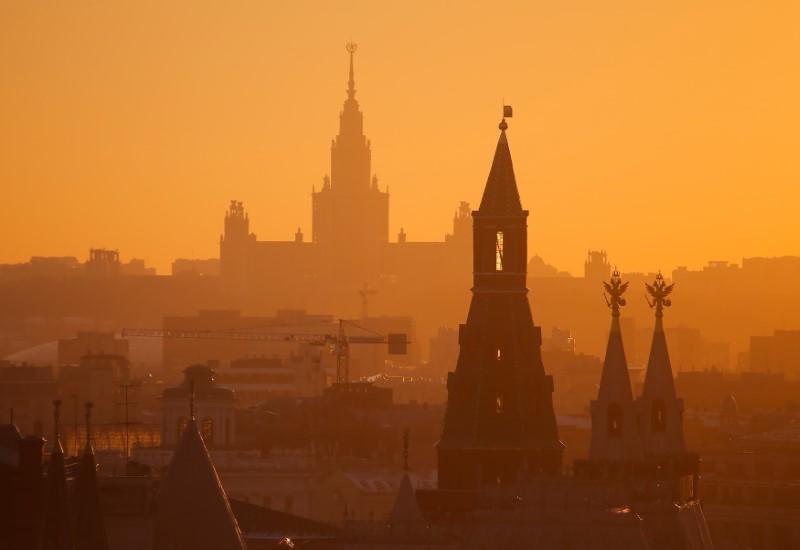 © Reuters. View shows building of Moscow State University and tower of Kremlin in Moscow