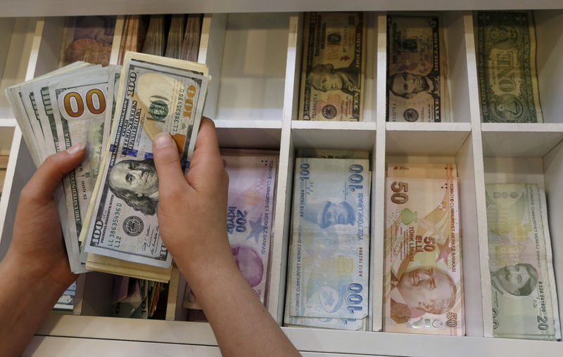 © Reuters. FILE PHOTO - A money changer counts U.S. dollar bills, with Turkish lira banknotes in the background, at an currency exchange office in central Istanbul