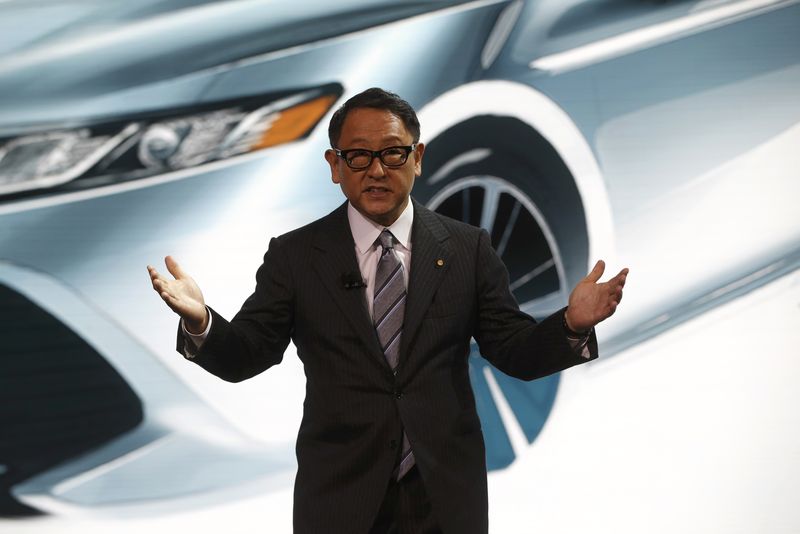 © Reuters. Toyota's Toyoda speaks during the North American International Auto Show in Detroit
