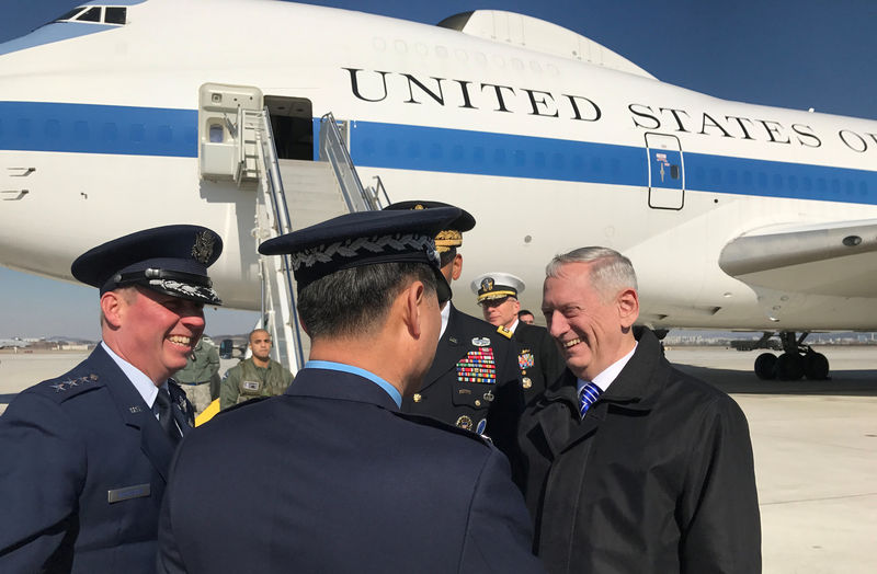 © Reuters. U.S. Defense Secretary James Mattis arrives at Osan Air Base in Osan