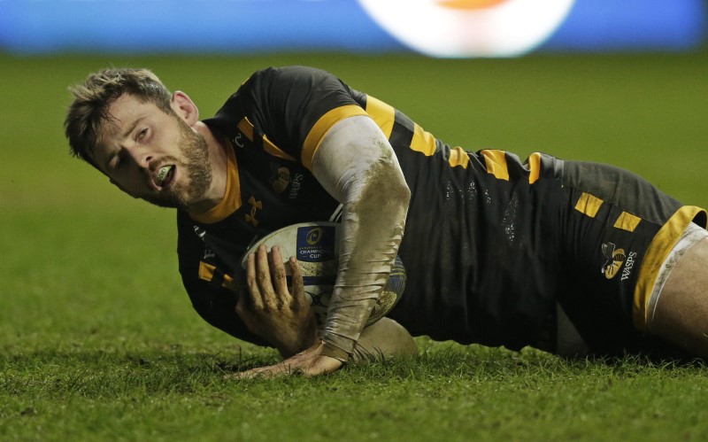 © Reuters. Elliot Daly of Wasps scores their first try