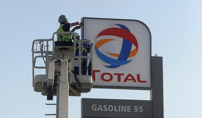 © Reuters. Workers fix a sign for oil giant Total at a petrol station in Cairo