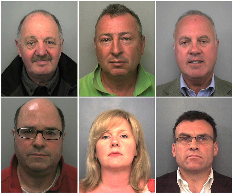 © Reuters. A combination image shows Tony Cartwright, David Mills, Michael Bancroft, Lynden Scourfield, Alison Mills and Mark Dobson in undated booking pictures handed out by Thames Valley Police after they were convicted of fraud, in London