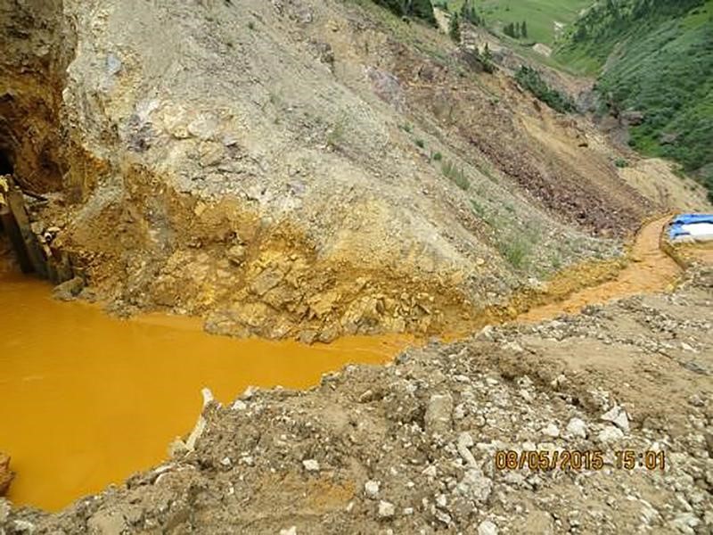 © Reuters. Yellow mine waste water is seen at the entrance to the Gold King Mine in San Juan County, Colorado