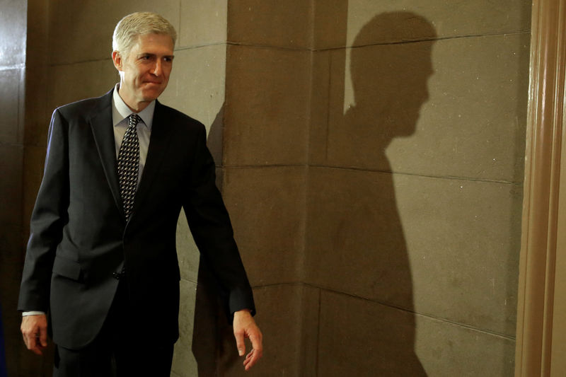 © Reuters. Supreme Court nominee Judge Neil Gorsuch meets with Senator Ted Cruz (R-TX)