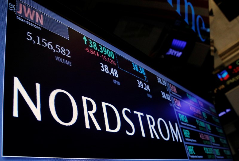 © Reuters. Trading information for fashion retailer Nordstrom is displayed on a screen at the post where it is traded on the floor of the NYSE