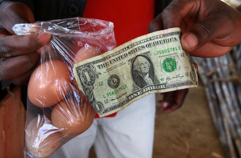 © Reuters. FILE PHOTO -  Man buy eggs using a U.S. one dollar bill at a market in Harare