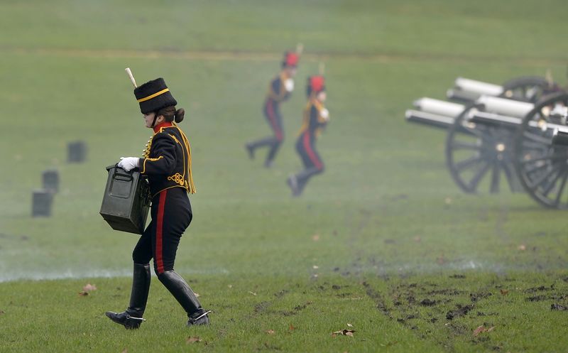 © Reuters. The King's Troop Royal Horse Artillery take part in a ceremony to fire a 41-gun salute to mark the start of Queen Elizabeth's Blue Sapphire Jubilee year at Green Park in central London