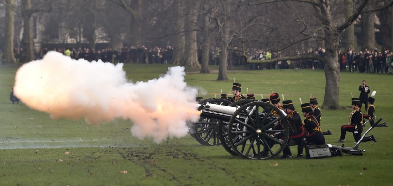 © Reuters. Unas salvas de cañón marcan los 65 años de Isabel II en el trono británico