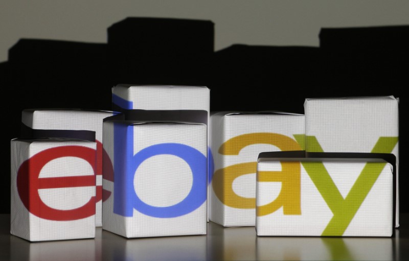 © Reuters. An eBay logo is projected onto white boxes in this illustration picture taken in Warsaw