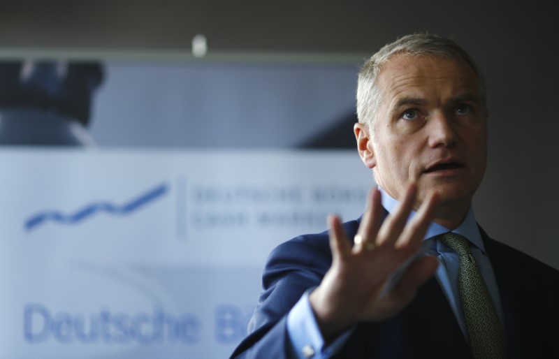 © Reuters. Kengeter, CEO of Deutsche Boerse talks to the media during the presentation of FinTec start-up facilities provided by Deutsche Boerse in Frankfurt