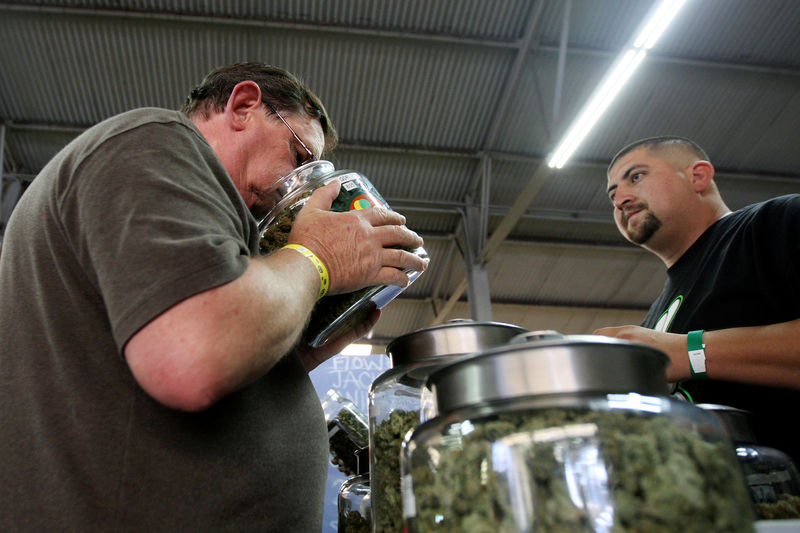 © Reuters. FILE PHOTO - A medical marijuana user smells a jar of marijuana at the medical marijuana farmers market in Los Angeles