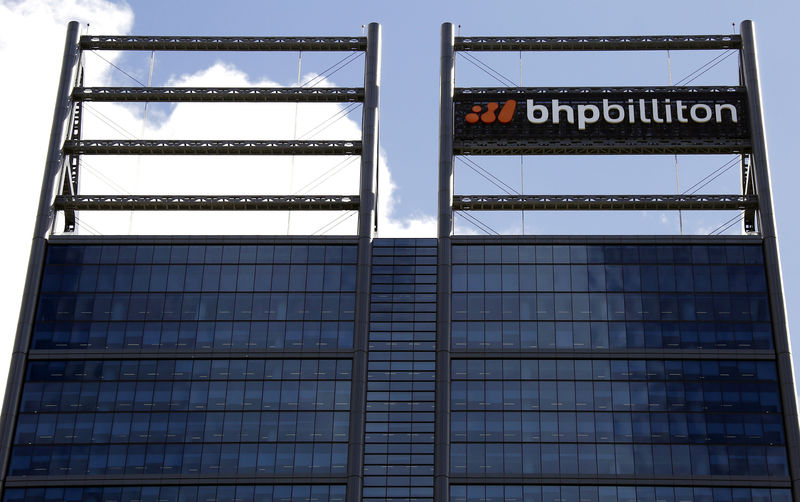 © Reuters. FILE PHOTO -  A logo for mining company BHP Billiton adorns a sign outside the Perth Convention Centre where their annual general meeting was being held in Perth, Western Australia