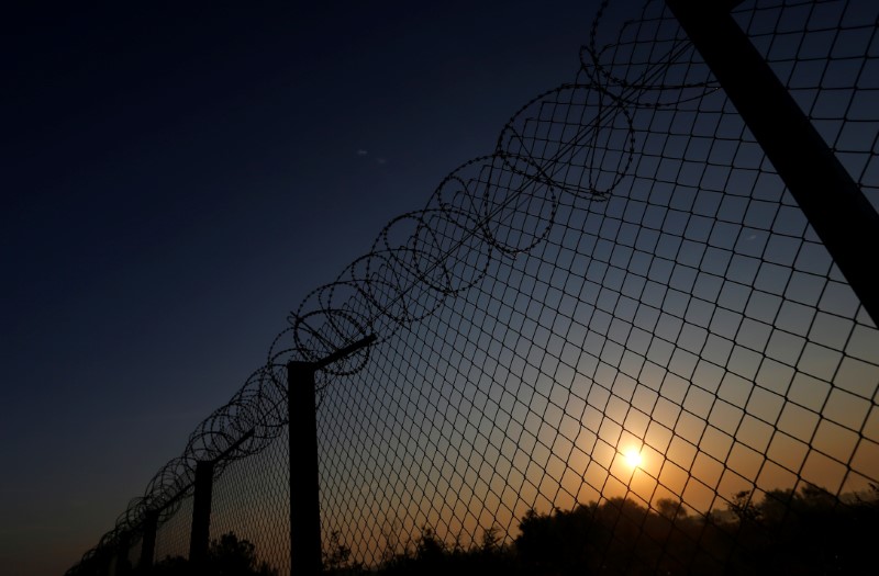 © Reuters. The sun rises along the Hungary and Serbia border fence near the village of Asotthalom