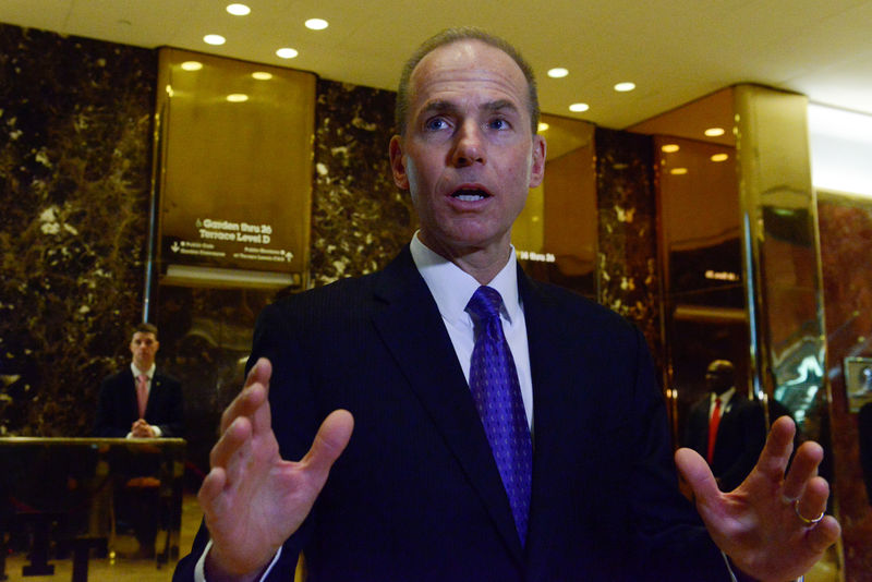© Reuters. Dennis Muilenburg, CEO of The Boeing Company, speaks to members of the press at Trump Tower in New York City