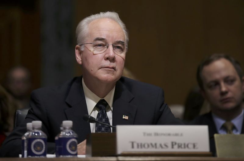 © Reuters. U.S. Rep. Price listens to opening remarks prior to testifying before a Senate Finance Committee confirmation hearing on Capitol Hill in Washington