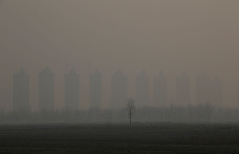 © Reuters. FILE PHOTO: Residential buildings under construction are pictured on a polluted day on the outskirts of Langfang